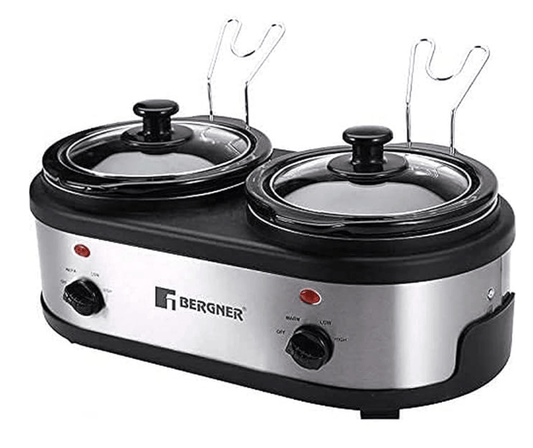 Bergner Supreme Stainless Steel Slow Cooker with Cookbook Twin Pot 100W, 2 X 1.5 Liter, Grey