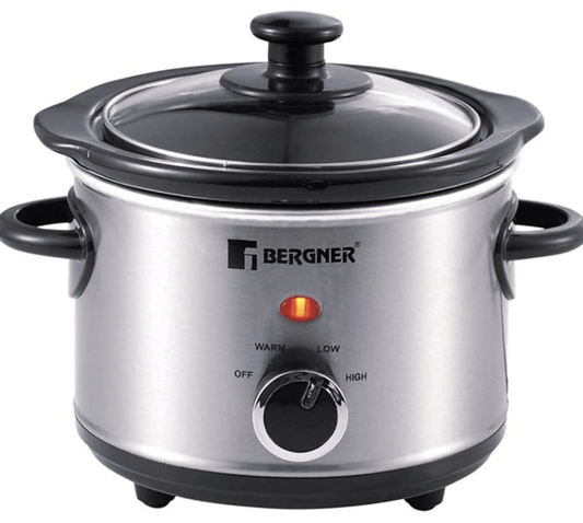 Bergner Elite Electric Cooker, 120W, 1.5 L for Low & High Temperature Food Warming/Slow Cooking, Ceramic Pot with Glass Lid, Body Stainless Steel, Pot & Lid Dishwasher Ready, Cool Touch Handling