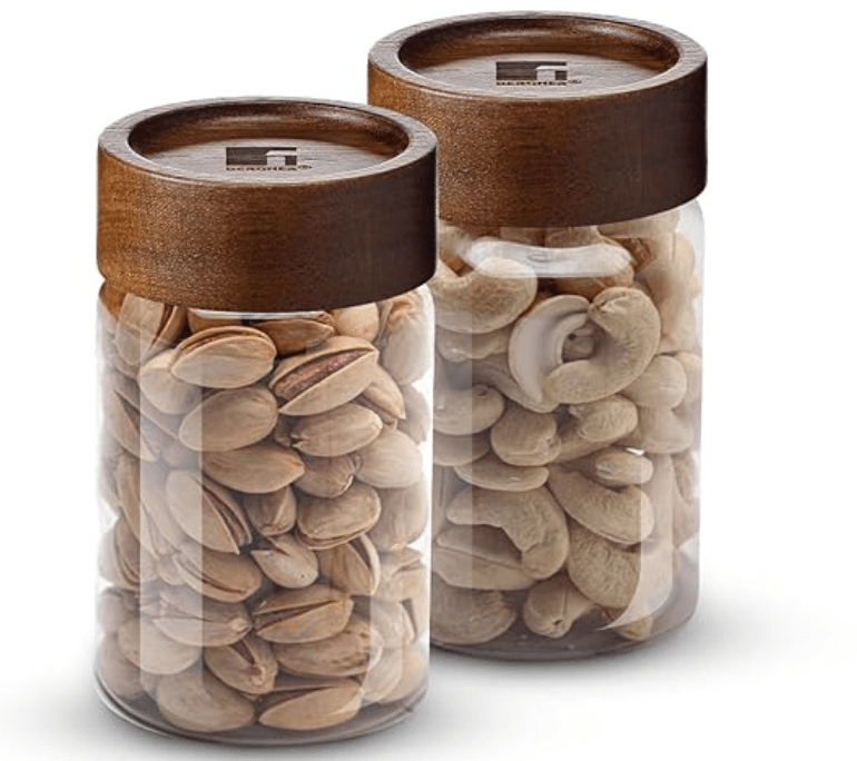 BERGNER Acadia Borosilicate Glass Jars with Solid Wood Lid, Set of 2 Jars, 260ml Each, For Storing and Preserving Sugar, Flour, Tea, Coffee, Spices, Candy, Oats | Multipurpose Container for Kitchen