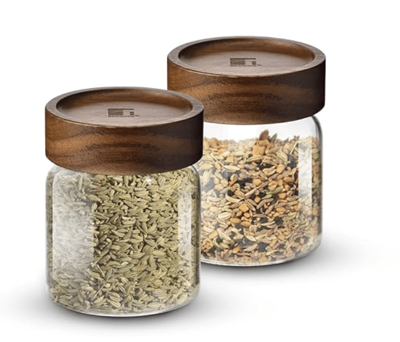 Bergner Acadia Borosilicate Glass Jars with Solid Wood Lid, Set of 2 Jars, 340ml Each, For Storing and Preserving Sugar, Flour, Tea, Coffee, Spices, Biscuits, Oats | Multipurpose Container for Kitchen