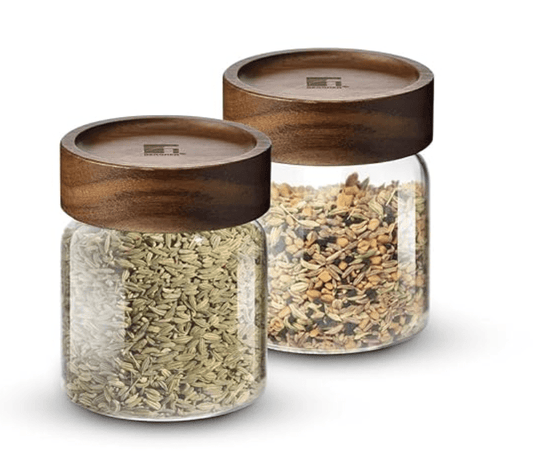 Bergner Acadia Borosilicate Glass Jars with Solid Wood Lid, Set of 2 Jars, 340ml Each, For Storing and Preserving Sugar, Flour, Tea, Coffee, Spices, Biscuits, Oats | Multipurpose Container for Kitchen