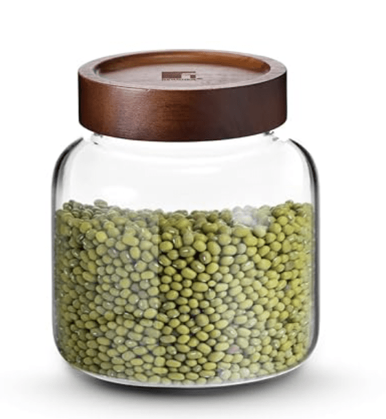 BERGNER Acadia Borosilicate 1300ml Glass Jar with Solid Wood Lid, For Storing and Preserving Sugar, Flour, Tea, Coffee, Spices, Oats | Airtight Multipurpose Glass Container for Kitchen