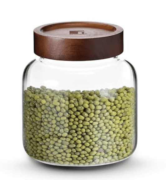 BERGNER Acadia Borosilicate 1300ml Glass Jar with Solid Wood Lid, For Storing and Preserving Sugar, Flour, Tea, Coffee, Spices, Oats | Airtight Multipurpose Glass Container for Kitchen