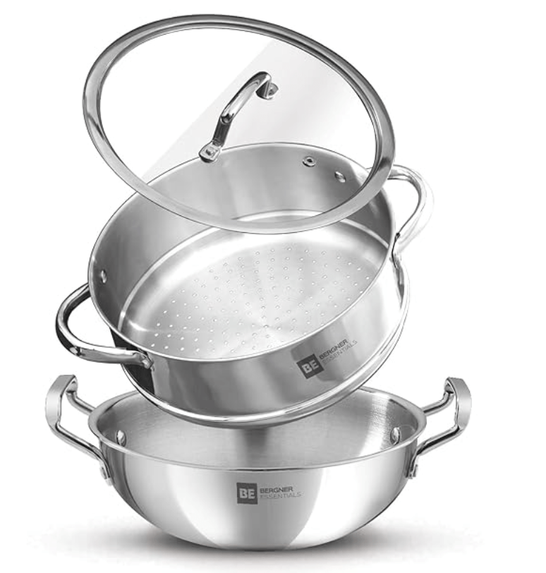 बर्गनर बीई बर्गनर एसेंशियल्स ट्राई-प्लाई स्टेनलेस स्टील 3 पीस कुकवेयर सेट 24 सेमी कढ़ाई और स्टीमर फ्लैट ग्लास ढक्कन के साथ, कढ़ाई और स्टीमर सेट, इंडक्शन, सिल्वर, बर्गनर द्वारा 5 साल की वारंटी 
