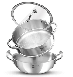 Bergner BE Bergner Essentials Tri-Ply Stainless Steel 3 Pcs Cookware Set of 24 cm Kadai and Steamer with Flat Glass Lid, Kadhai and Steamer Set, Induction, Silver, 5-Year Warranty by Bergner-1