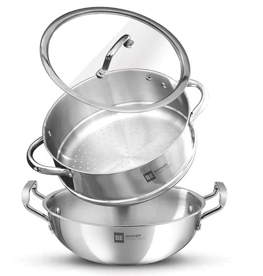 बर्गनर बीई बर्गनर एसेंशियल्स ट्राई-प्लाई स्टेनलेस स्टील 3 पीस कुकवेयर सेट 24 सेमी कढ़ाई और स्टीमर फ्लैट ग्लास ढक्कन के साथ, कढ़ाई और स्टीमर सेट, इंडक्शन, सिल्वर, बर्गनर द्वारा 5 साल की वारंटी 