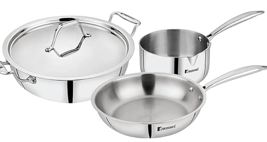 बर्गनर अर्जेन्ट ट्रिपली स्टेनलेस स्टील 4 पीस कुकवेयर सेट, 16 सेमी / 1 लीटर सॉस पैन, 24 सेमी / 2.5 लीटर कढ़ाई ढक्कन के साथ और 22 सेमी फ्राईपैन, 4 पीस कुकवेयर सेट, टिकाऊ, इंडक्शन और गैस रेडी, सिल्वर 