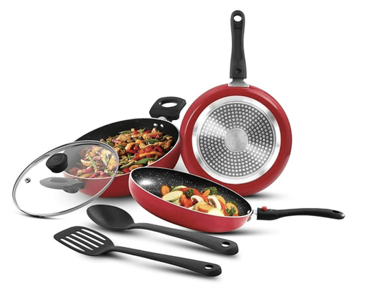 बर्गनर शेरी प्लस नॉन-स्टिक 6 पीस कुकवेयर सेट, डिटैचेबल हैंडल के साथ कॉम्बो सेट, 24 सेमी (2.5 लीटर) कढ़ाई ग्लास ढक्कन के साथ, 24 सेमी (1.6 लीटर) फ्राइंग पैन, 25 सेमी डोसा तवा और 2 नायलॉन स्पैटुला (इंडक्शन बॉटम) 