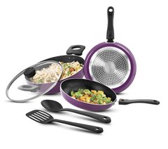 Bergner Sherry Plus Non-Stick 6 pcs Cookware Set - Set of 24cm (2.5L) Kadai with Glass Lid, 24cm (1.6L) Frying Pan, 25cm Dosa Tawa and 2 Nylon Spatula, Detachable Handle (Induction Bottom) - Purple-1