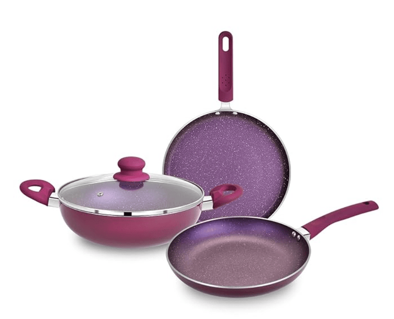 BERGNER Aluminium Jazz Non Stick Cookware Set 4Pc-Kadhai with Glass Lid 24Cm, Dosa Tawa 28Cm, Frypan 24Cm with Induction Compatible, Pfoa Free, 1 Year Warranty by Bergner, Purple-1