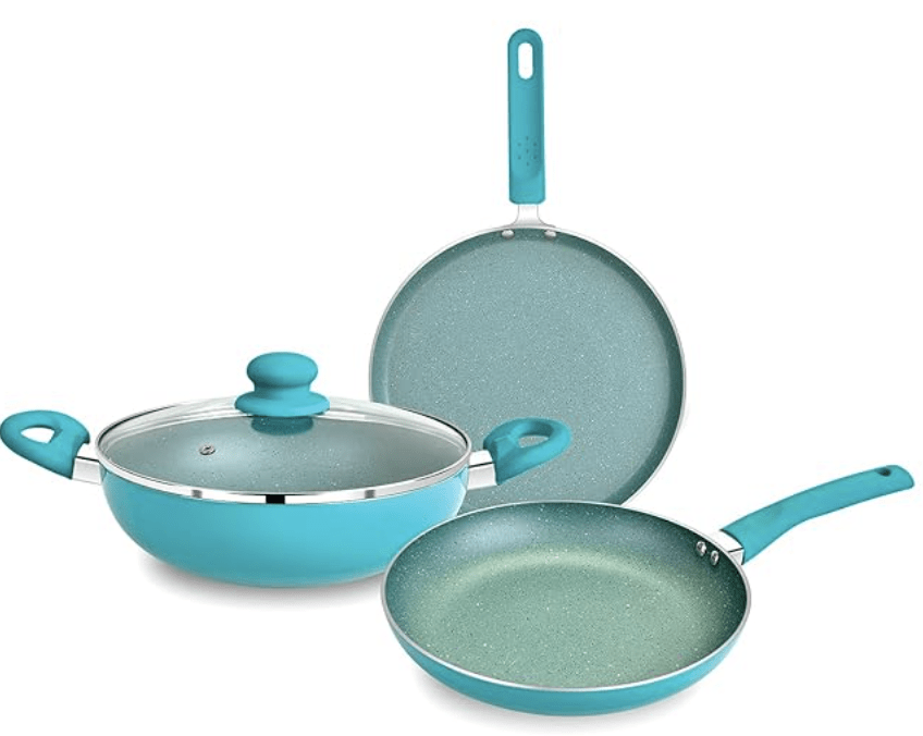 बर्गनर एल्युमीनियम जैज़ नॉन-स्टिक कुकवेयर सेट 4 पीस - कढ़ाई ग्लास लिड के साथ 24 सेमी, डोसा तवा 28 सेमी, फ्राईपैन 24 सेमी इंडक्शन कम्पैटिबल, Pfoa मुक्त, बर्गनर द्वारा 1 वर्ष की वारंटी, पर्पल 