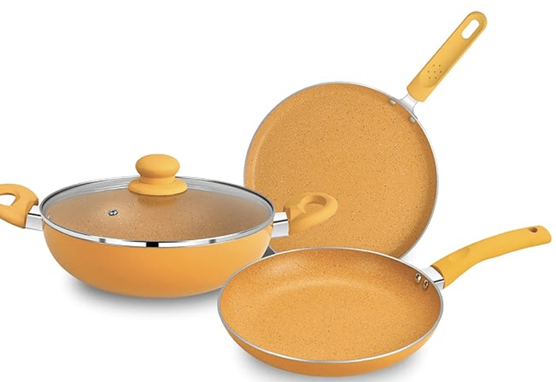 BERGNER Aluminium Jazz Non Stick Cookware Set 4Pc-Kadhai with Glass Lid 24Cm, Dosa Tawa 28Cm, Frypan 24Cm with Induction Compatible, Pfoa Free, 1 Year Warranty by Bergner, Purple