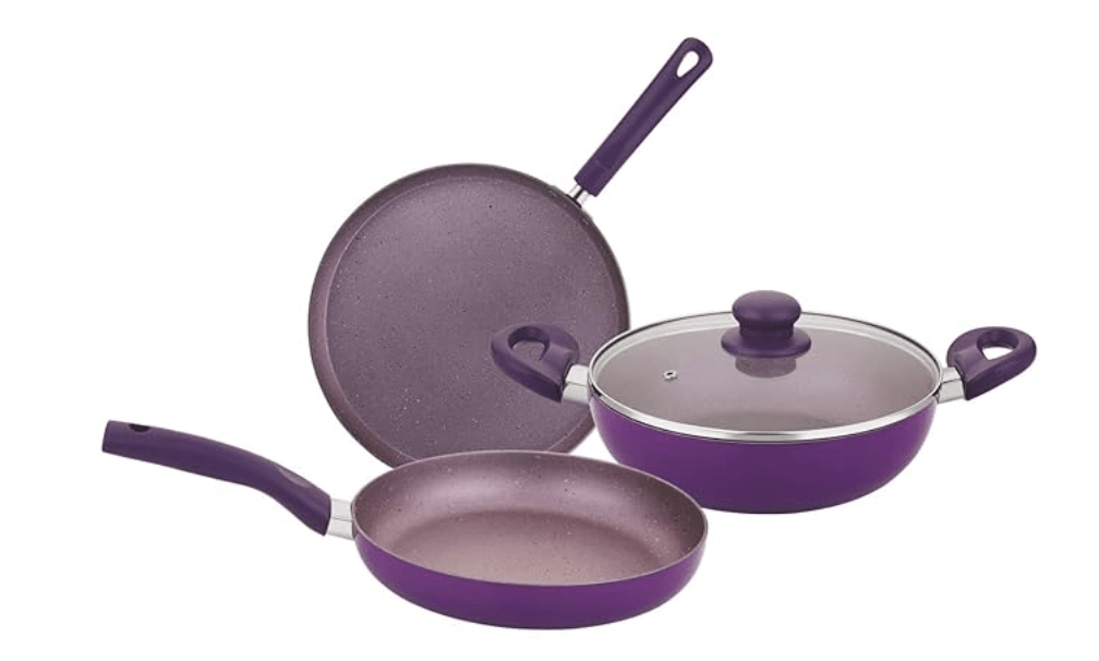 बर्गनर वेगा नॉन-स्टिक 4 पीस कुकवेयर सेट - 24 सेमी (2.5 लीटर) कढ़ाई ग्लास ढक्कन के साथ, 24 सेमी फ्राईपैन और 28 सेमी तवा, सॉफ्ट टच हैंडल, न्यूनतम तेल उपयोग - इंडक्शन बॉटम, दिवाली/वर्षगांठ उपहार (बैंगनी) 