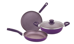 Bergner Vega Non-Stick 4 Pcs Cookware Set - 24cm (2.5 L) Kadai with Glass Lid, 24cm Frypan and 28cm Tawa, Soft Touch Handle, Minimal Oil Use - Induction Bottom, Diwali/Anniversary Gifting (Purple)-1