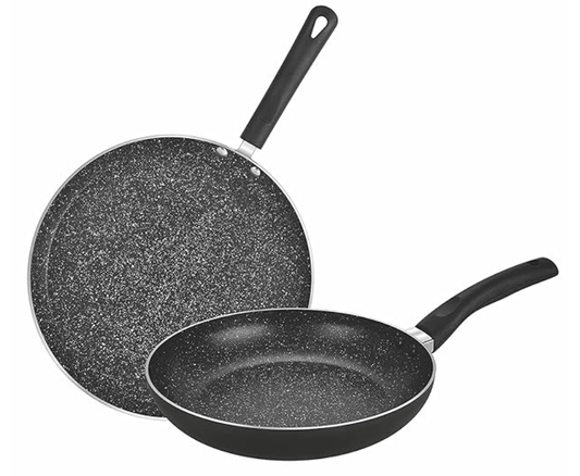 बर्गनर एल्युमीनियम एसेंशियल प्लस नॉन-स्टिक कुकवेयर सेट, 2 पीस (डोसा तवा 28 सेमी, फ्राईपैन 24 सेमी 1.8 लीटर इंडक्शन कम्पैटिबल, बेकेलाइट हैंडल, Pfoa मुक्त, काला) 