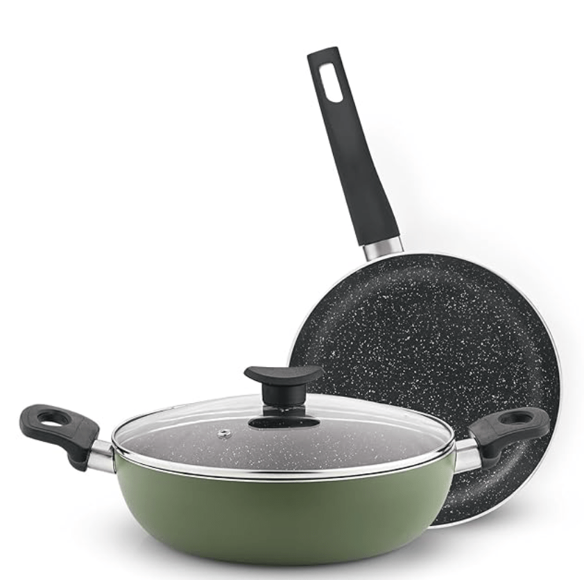 बर्गनर डाहलिया 3-लेयर नॉन-स्टिक कोटिंग 3 पीस कुकवेयर सेट - 24 सेमी (2.5 लीटर) कढ़ाई ग्लास ढक्कन और 24 सेमी फ्राईपैन के साथ, स्वस्थ खाना पकाने के लिए न्यूनतम तेल - इंडक्शन बॉटम, दिवाली/वर्षगांठ उपहार के लिए 