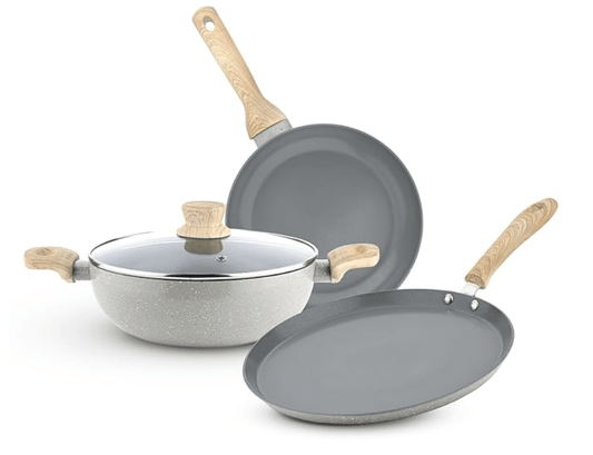 बर्गनर टेरा नॉन-स्टिक 4 पीस कुकवेयर सेट - 24 सेमी (2.5 लीटर) कढ़ाई ग्लास ढक्कन के साथ, 24 सेमी फ्राईपैन और 28 सेमी तवा, सिरेमिक कोटिंग, समान ताप वितरण - इंडक्शन बॉटम, दिवाली/वर्षगांठ उपहार (ग्रे) 