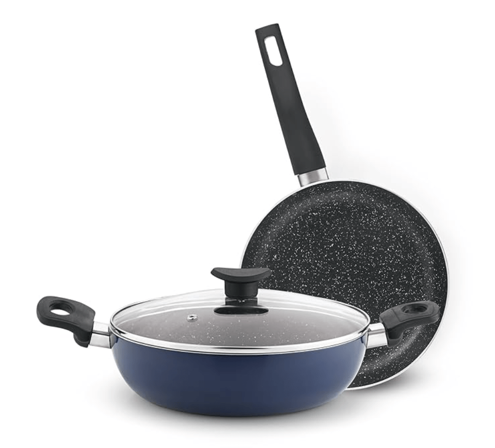 Bergner Aloe 3-Layer+ Non-Stick Coating 3 Pcs Cookware Set - 24cm (2.5 L) Kadai with Glass Lid and 24cm Frypan, Less Oil Use, Healthy Cooking - Induction Bottom, for Diwali/Anniversary Gifting