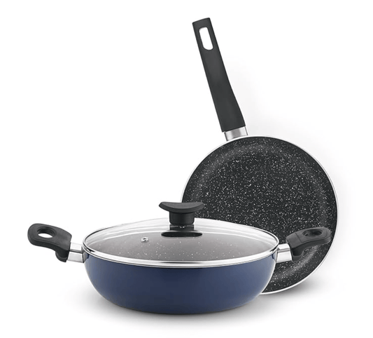 बर्गनर एलो 3-लेयर+ नॉन-स्टिक कोटिंग 3 पीस कुकवेयर सेट - 24 सेमी (2.5 लीटर) कढ़ाई ग्लास ढक्कन और 24 सेमी फ्राईपैन के साथ, कम तेल का उपयोग, स्वस्थ खाना पकाना - इंडक्शन बॉटम, दिवाली/वर्षगांठ उपहार के लिए 