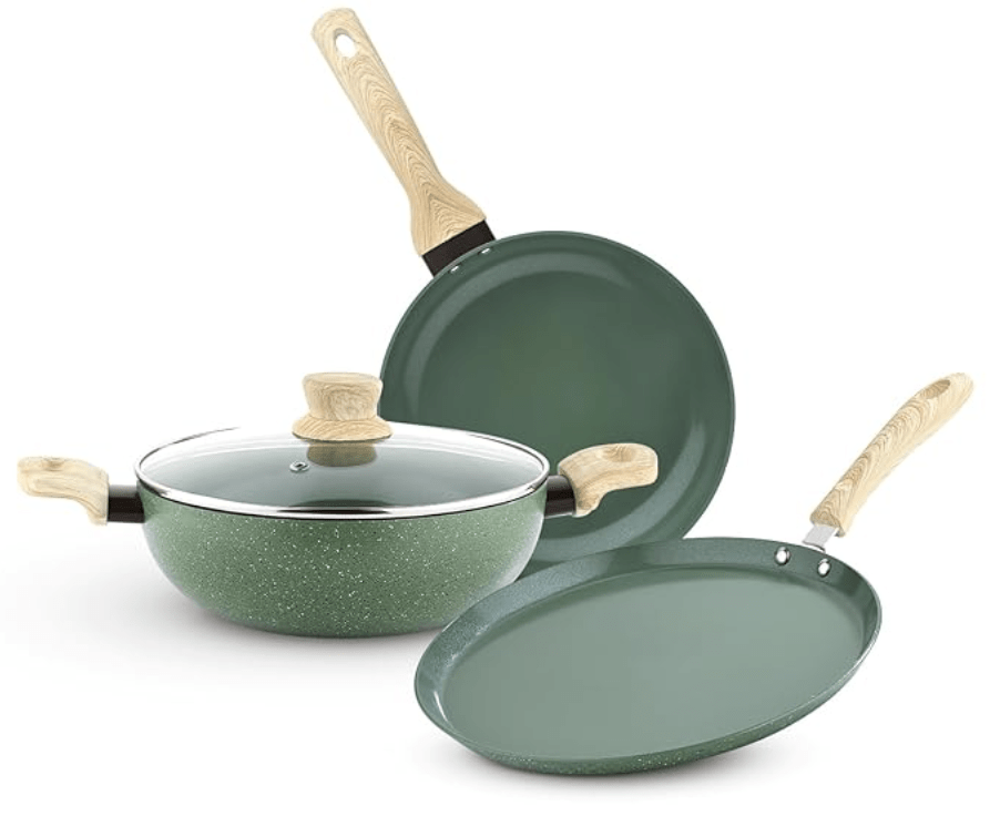 Bergner Greenfield Non-Stick 4 Pcs Cookware Set - 24cm (2.5 L) Kadai with Glass Lid, 24cm Frypan and 28cm Tawa, Ceramic Coating, Even Heat Distribution - Induction Bottom, Diwali/Anniversary Gifting
