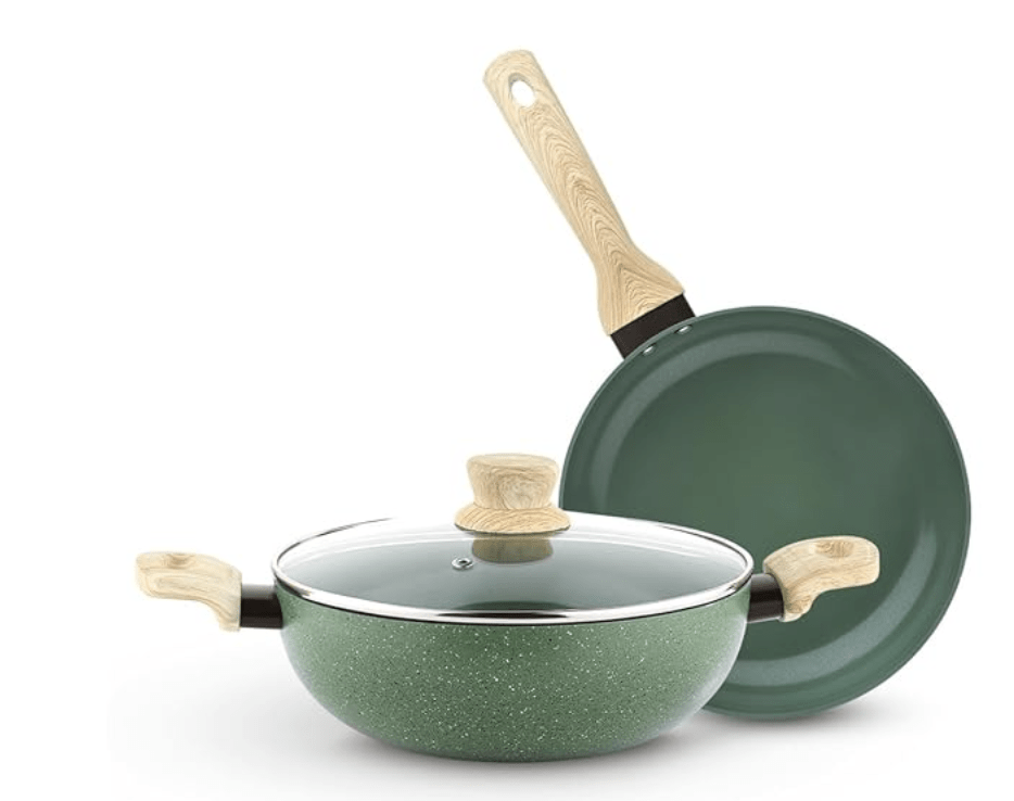 Bergner Greenfield Non-Stick 3 Pcs Cookware Set - 24cm (2.5 L) Kadai with Glass Lid and 24cm Frypan, Ceramic Coating, Quick & Even Heat Distribution - Induction Bottom, for Diwali/Anniversary Gifting