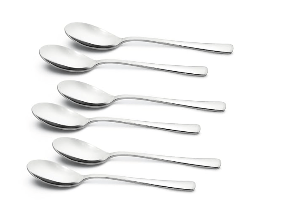 பெர்க்னர் பிஇ எசென்ஷியல்ஸ் லூசியா ஸ்டெயின்லெஸ் ஸ்டீல் 6 பிசிக்கள் பேபி ஸ்பூன் செட், 16.1 செ.மீ நீள ஸ்பூன், நவீன பணிச்சூழலியல் ரீதியாக வடிவமைக்கப்பட்ட பிரீமியம் பேபி ஸ்பூன்கள், உணவு தர பாதுகாப்பானது, சுத்தம் செய்ய எளிதானது, 2.5 மிமீ தடிமன் - வெள்ளி