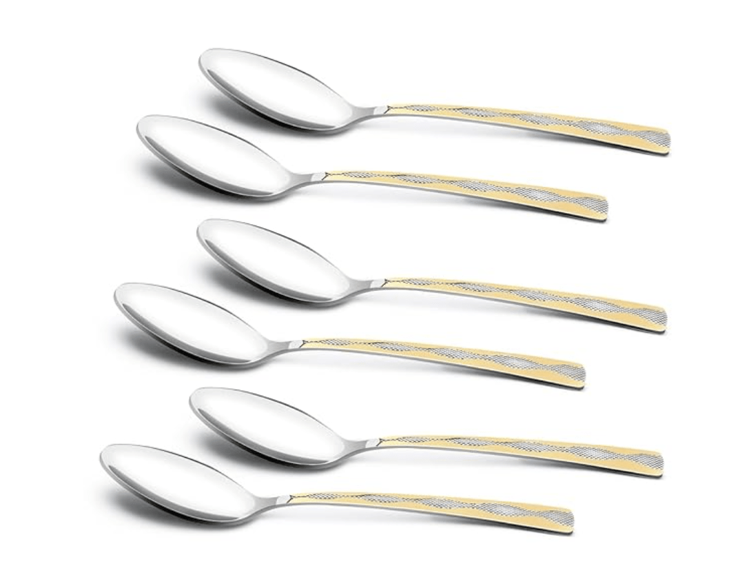 Bergner BE Essentials Tosca Stainless Steel 6 Pcs Baby Spoon Set, 15.7cm Long Spoon, 24k Gold Plating Premium Baby Spoons, Food Grade Safe, Easy to Clean, 1.8mm Thickness - Silver/Golden