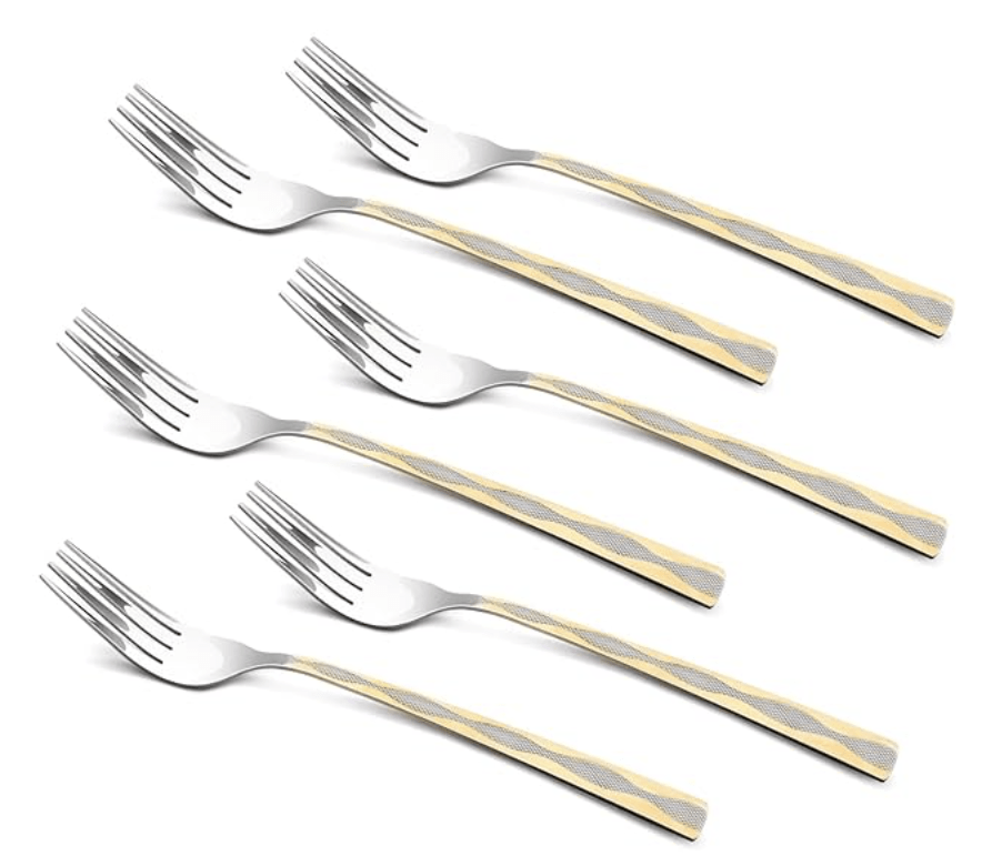 Bergner BE Essentials Tosca Stainless Steel 6 Pcs Dinner Fork Set, 19.5cm Fork, 24k Gold Plating Premium Fork for Home and Kitchen, Durable, Stain Resistant, 2mm Thickness - Silver/Golden