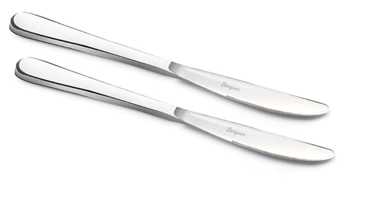 बर्गनर बी एसेंशियल बैगेट स्टेनलेस स्टील 2 पीस डिनर नाइफ सेट, घर और किचन के लिए 22 सेमी लंबा नॉन-मैग्नेटिक प्रीमियम बटर स्प्रेडर, साफ करने में आसान, आधुनिक सौंदर्यशास्त्र, 1.5 मिमी मोटाई - सिल्वर