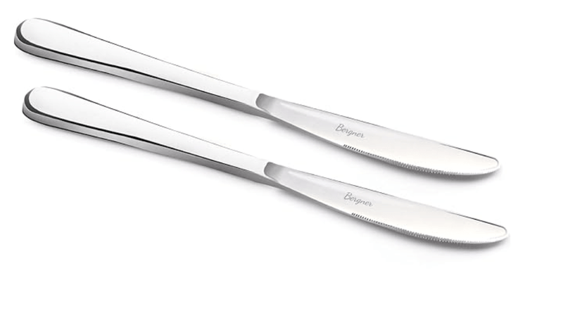 BERGNER BE Essentials Baguette ஸ்டெயின்லெஸ் ஸ்டீல் 2 பிசிக்கள் டின்னர் கத்தி தொகுப்பு, வீடு மற்றும் சமையலறைக்கான 22 செ.மீ நீளம் கொண்ட காந்தமற்ற பிரீமியம் பட்டர் ஸ்ப்ரேடர், சுத்தம் செய்ய எளிதானது, நவீன அழகியல், 1.5 மிமீ தடிமன் - வெள்ளி-1