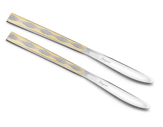 बर्गनर बी एसेंशियल्स टोस्का स्टेनलेस स्टील डिनर चाकू 2 का सेट, 21.5 सेमी लंबा बटर स्प्रेडर, 24 कैरेट गोल्ड प्लेटिंग प्रीमियम डिनर चाकू, डाइनिंग टेबल 2 पीस चाकू, 4 मिमी मोटाई - सिल्वर/गोल्डन