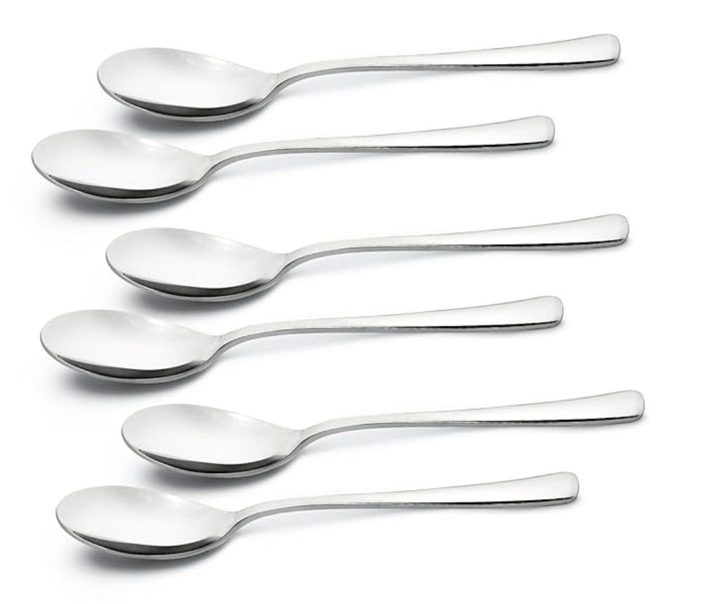பெர்க்னர் பிஇ எசென்ஷியல்ஸ் லூசியா ஸ்டெயின்லெஸ் ஸ்டீல் 6 பிசிக்கள் டின்னர் ஸ்பூன் செட், 17.8 செ.மீ நீள ஸ்பூன், வீடு மற்றும் சமையலறைக்கான நவீன பணிச்சூழலியல் ரீதியாக வடிவமைக்கப்பட்ட பிரீமியம் ஸ்பூன்கள், சுத்தம் செய்ய எளிதானது, 3 மிமீ தடிமன் - வெள்ளி