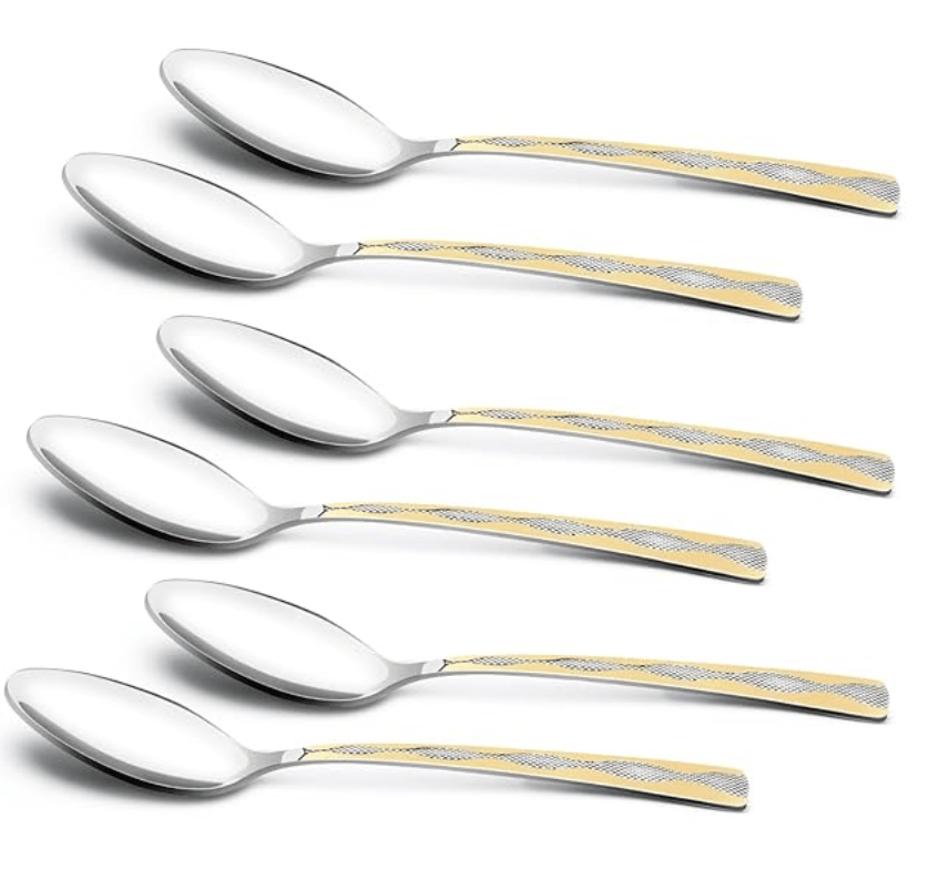 Bergner BE Essentials Tosca Stainless Steel 6 Pcs Dinner Spoon Set, 19cm Long Spoon, 24k Gold Plating Premium Spoons for Home and Kitchen, Easy to Clean, 2mm Thickness - Silver/Golden