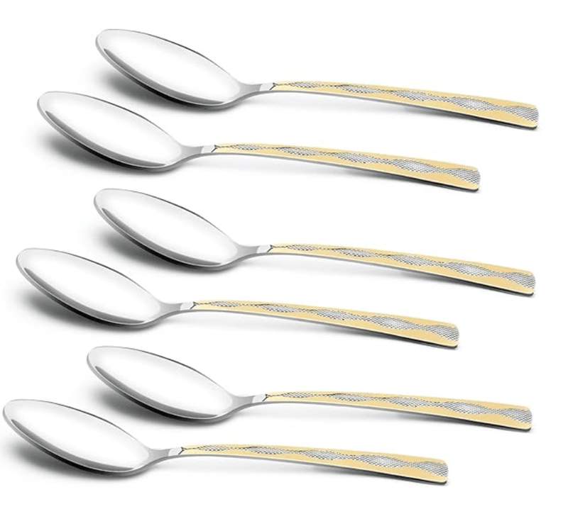 Bergner BE Essentials Tosca Stainless Steel 6 Pcs Dinner Spoon Set, 19cm Long Spoon, 24k Gold Plating Premium Spoons for Home and Kitchen, Easy to Clean, 2mm Thickness - Silver/Golden-1