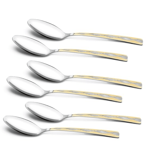 बर्गनर बीई एसेंशियल्स टोस्का स्टेनलेस स्टील 6 पीस मसाला चम्मच सेट, 15.7 सेमी लंबा चम्मच, 24 कैरेट गोल्ड प्लेटिंग प्रीमियम मसाला चम्मच, खाद्य ग्रेड सुरक्षित, साफ करने में आसान, 1.5 मिमी मोटाई - सिल्वर/गोल्डन