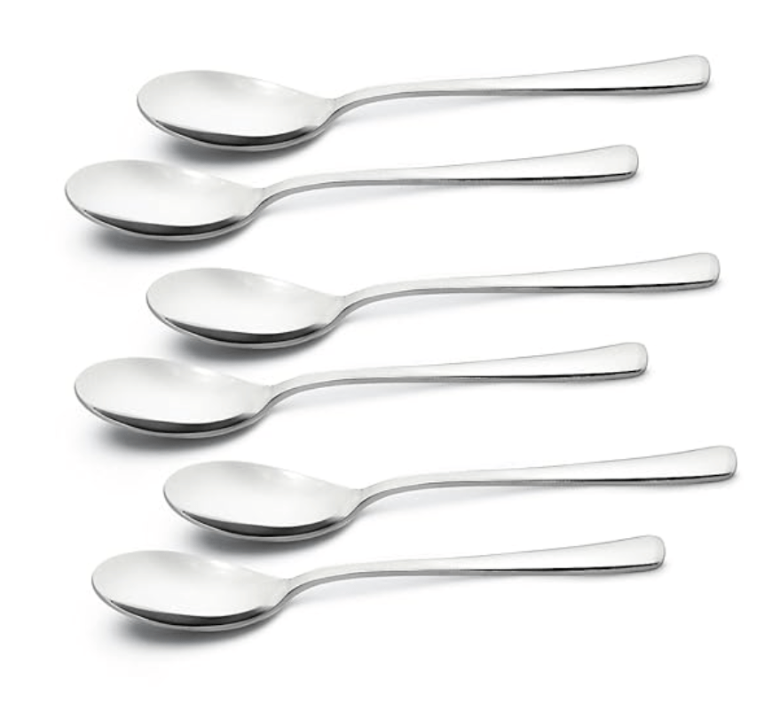 பெர்க்னர் பிஇ எசென்ஷியல்ஸ் லூசியா ஸ்டெயின்லெஸ் ஸ்டீல் 6 பிசிக்கள் டீ ஸ்பூன் செட், 14.1 செ.மீ நீள ஸ்பூன், வீடு மற்றும் சமையலறைக்கான நவீன பணிச்சூழலியல் ரீதியாக வடிவமைக்கப்பட்ட பிரீமியம் ஸ்பூன்கள், 6 பிசிக்கள் டேபிள் ஸ்பூன் செட், 2.5 மிமீ தடிமன் - வெள்ளி
