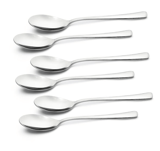 बर्गनर बीई एसेंशियल लूसिया स्टेनलेस स्टील 6 पीस टी स्पून सेट, 14.1 सेमी लंबा चम्मच, घर और किचन के लिए आधुनिक एर्गोनॉमिक रूप से डिज़ाइन किए गए प्रीमियम चम्मच, 6 पीस टेबल स्पून सेट, 2.5 मिमी मोटाई - सिल्वर