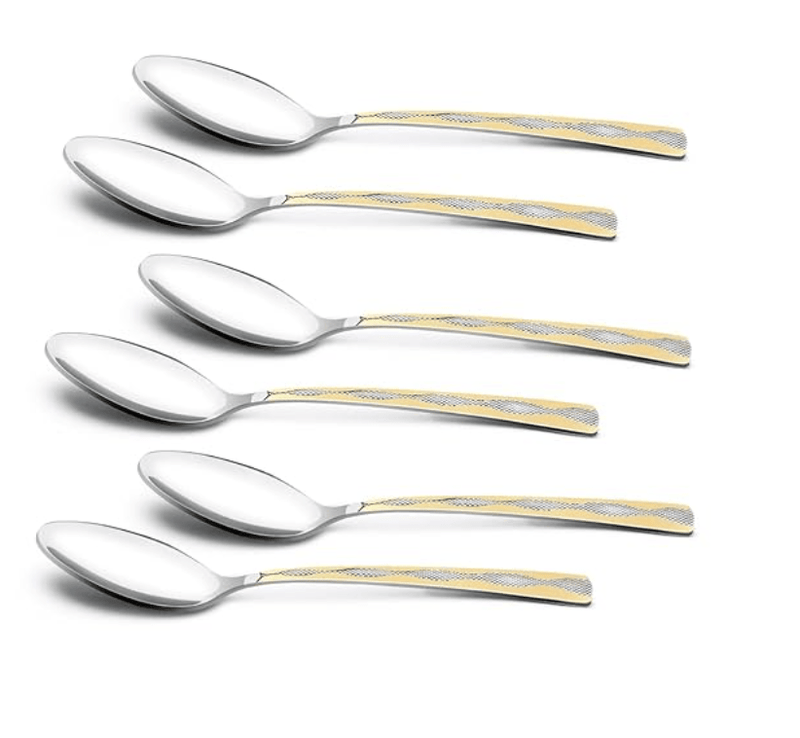 Bergner BE Essentials Tosca Stainless Steel 6 Pcs Tea Spoon Set, 14cm Long Spoon, 24k Gold Plating Premium Spoons for Home and Kitchen, 6 Pcs Table Spoon Set, 1.6mm Thickness - Silver/Golden-1