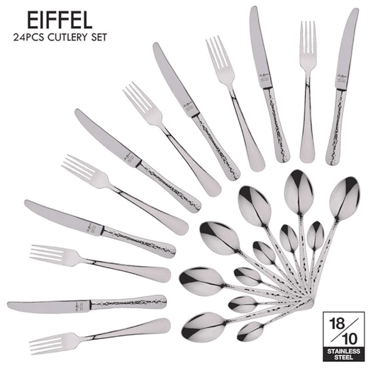 बर्गनर एफिल 304 ग्रेड, 18/10 स्टेनलेस स्टील - 24 पीस कटलरी सेट (इसमें शामिल हैं: 6 टेबल चाकू, 6 टेबल कांटे, 6 टेबल चम्मच, 6 चाय चम्मच) 