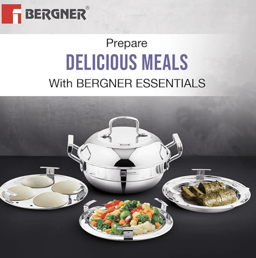 Bergner BE Bergner Essentials Triply Stainless Steel 21cm Multi Kadai - 2 Pcs Idli Plates, 1 Pc Appam Plate with 19 Cavities, 1 Pc Patra Plate and 1 Pc Steam Plate, Less Cooking Oil - Induction Bottom
