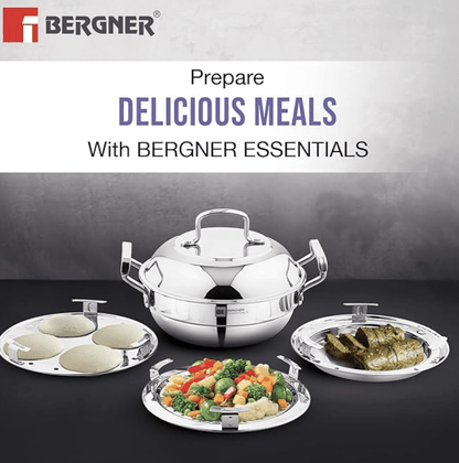 Bergner BE Bergner Essentials Triply Stainless Steel 21cm Multi Kadai - 2 Pcs Idli Plates, 1 Pc Appam Plate with 19 Cavities, 1 Pc Patra Plate and 1 Pc Steam Plate, Less Cooking Oil - Induction Bottom
