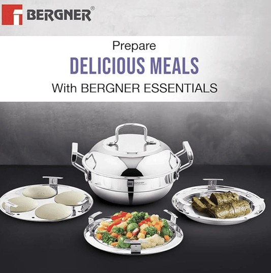 Bergner BE Bergner Essentials Triply Stainless Steel 21cm Multi Kadai - 2 Pcs Idli Plates, 1 Pc Appam Plate with 19 Cavities, 1 Pc Patra Plate and 1 Pc Steam Plate, Less Cooking Oil - Induction Bottom