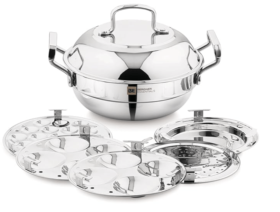 Bergner BE Bergner Essentials Triply Stainless Steel 21cm Multi Kadai - 2 Pcs Idli Plates, 1 Pc Appam Plate with 19 Cavities, 1 Pc Patra Plate and 1 Pc Steam Plate, Less Cooking Oil - Induction Bottom