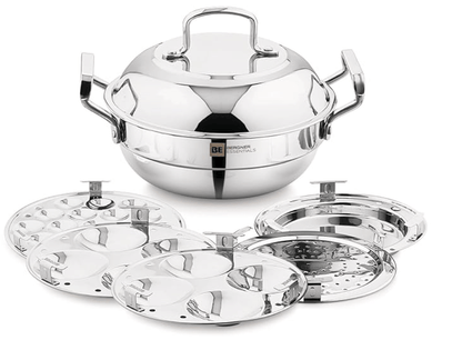 Bergner BE Bergner Essentials Triply Stainless Steel 21cm Multi Kadai - 2 Pcs Idli Plates, 1 Pc Appam Plate with 19 Cavities, 1 Pc Patra Plate and 1 Pc Steam Plate, Less Cooking Oil - Induction Bottom