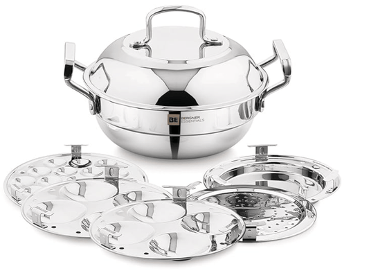 Bergner BE Bergner Essentials Triply Stainless Steel 21cm Multi Kadai - 2 Pcs Idli Plates, 1 Pc Appam Plate with 19 Cavities, 1 Pc Patra Plate and 1 Pc Steam Plate, Less Cooking Oil - Induction Bottom