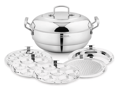 bergner be bergner essentials triply stainless steel 27cm multi kadai 2 pcs idli plates 1 pc appam plate with 19 cavities 1 pc patra plate and 1 pc steam plate less cooking oil induction bottom