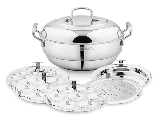 bergner be bergner essentials triply stainless steel 27cm multi kadai 2 pcs idli plates 1 pc appam plate with 19 cavities 1 pc patra plate and 1 pc steam plate less cooking oil induction bottom