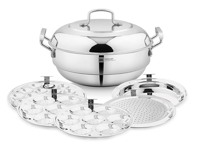 bergner be bergner essentials triply stainless steel 27cm multi kadai 2 pcs idli plates 1 pc appam plate with 19 cavities 1 pc patra plate and 1 pc steam plate less cooking oil induction bottom-1