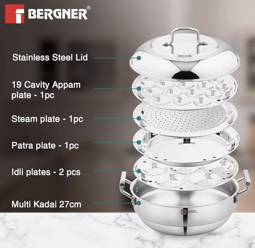 bergner be bergner essentials triply stainless steel 27cm multi kadai 2 pcs idli plates 1 pc appam plate with 19 cavities 1 pc patra plate and 1 pc steam plate less cooking oil induction bottom