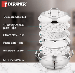 bergner be bergner essentials triply stainless steel 27cm multi kadai 2 pcs idli plates 1 pc appam plate with 19 cavities 1 pc patra plate and 1 pc steam plate less cooking oil induction bottom-2